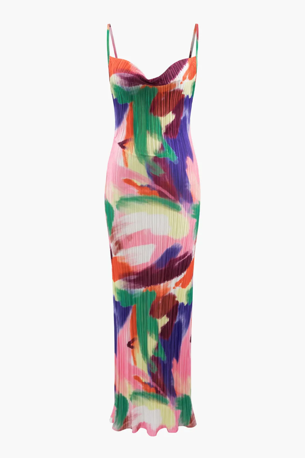 Abstract Cowl Neck Plisse Maxi Dress