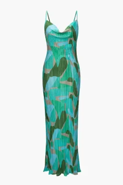 Abstract Cowl Neck Plisse Maxi Dress