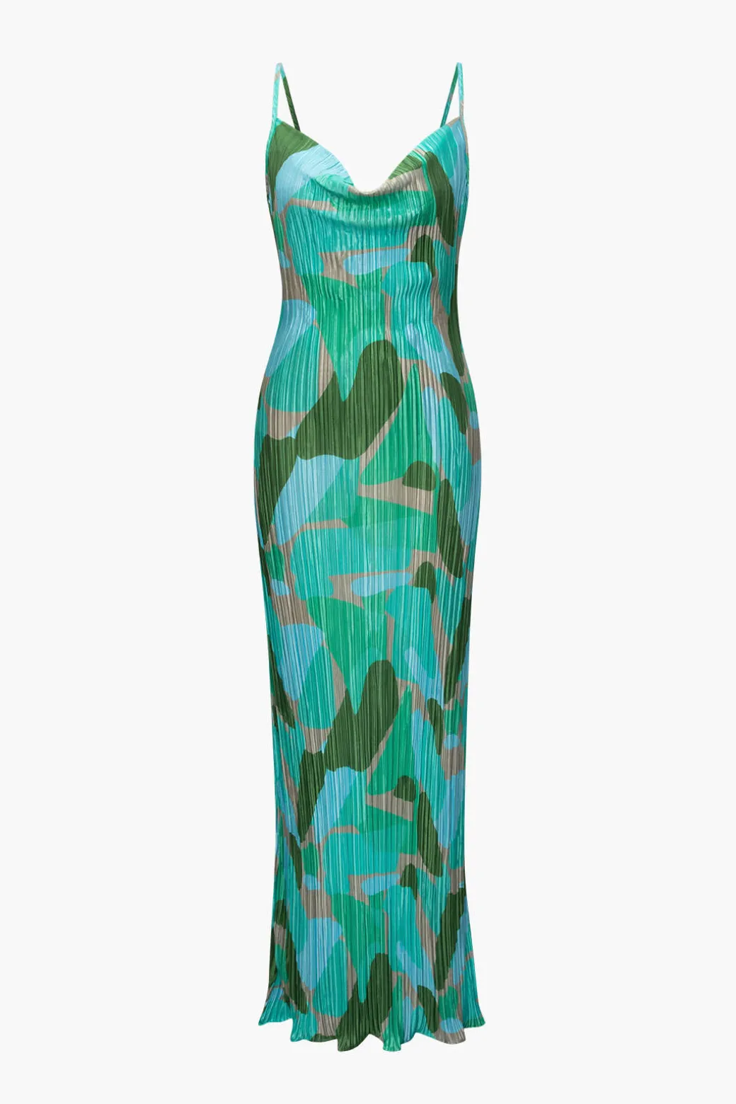 Abstract Cowl Neck Plisse Maxi Dress