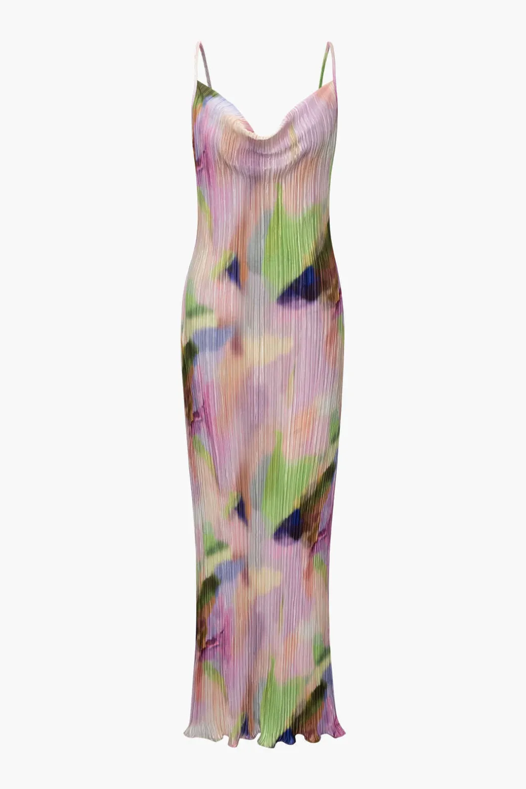 Abstract Cowl Neck Plisse Maxi Dress