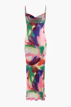 Abstract Cowl Neck Plisse Maxi Dress
