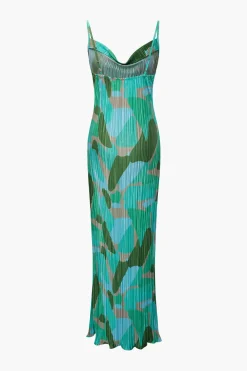 Abstract Cowl Neck Plisse Maxi Dress