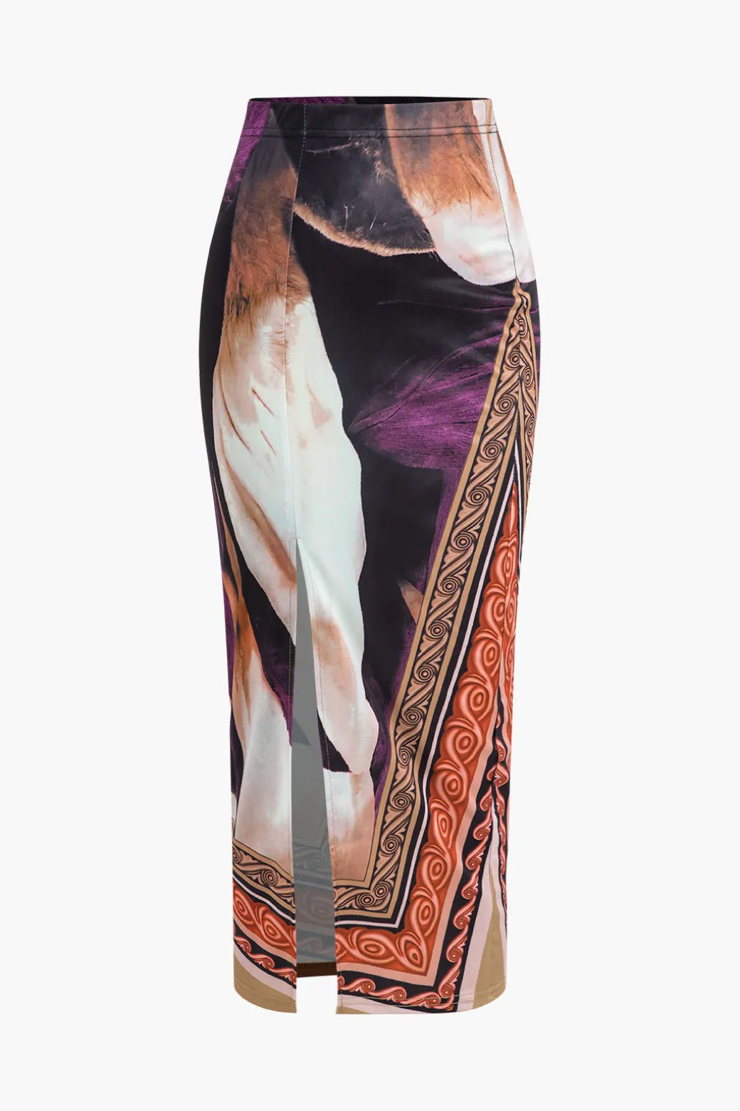 Abstract Floral Print Long Sleeve Top And Midi Skirt Set