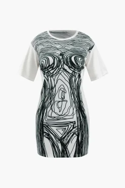 Abstract Line Print Short Sleeve Mini Dress