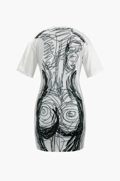 Abstract Line Print Short Sleeve Mini Dress