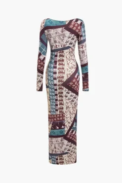 Abstract Patchwork Printed Long Sleeve Maxi Dress