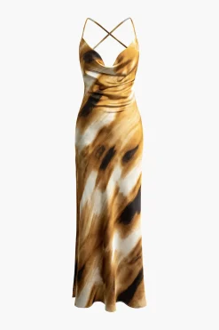 Abstract Print Cowl Neck Backless Slit Slip Maxi Dress
