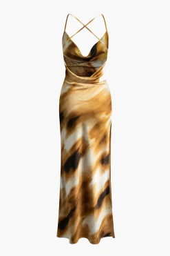 Abstract Print Cowl Neck Backless Slit Slip Maxi Dress