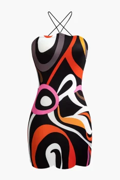 Abstract Print Cross Strap Mini Dress