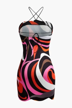 Abstract Print Cross Strap Mini Dress