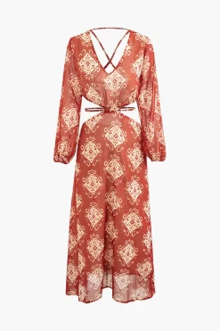 Abstract Print Cross Tie Backless Maxi Dress