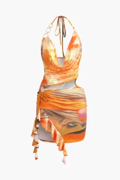 Abstract Print Halter Cowl Neck Slit Mini Dress