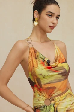 Abstract Print Halter Cowl Neck Slit Mini Dress