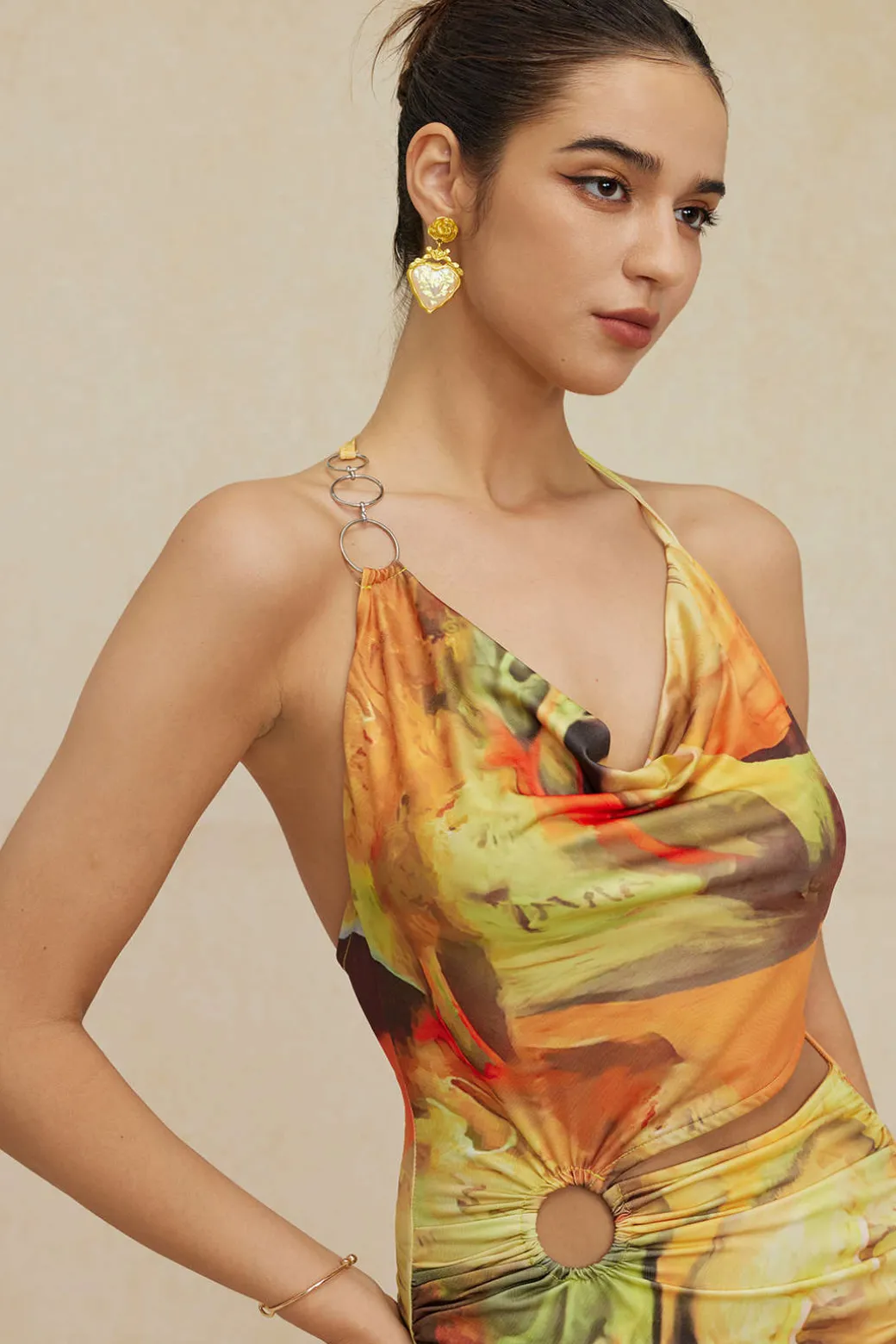 Abstract Print Halter Cowl Neck Slit Mini Dress