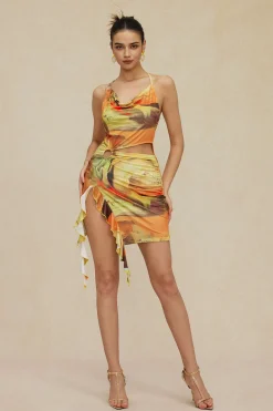 Abstract Print Halter Cowl Neck Slit Mini Dress