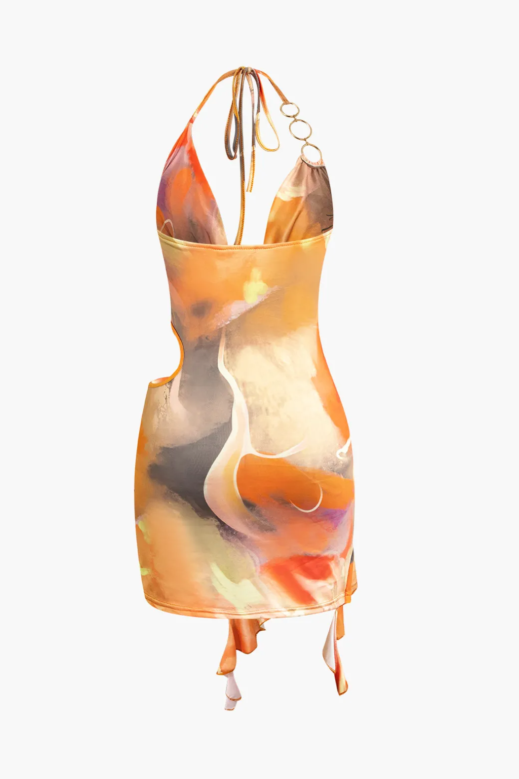 Abstract Print Halter Cowl Neck Slit Mini Dress
