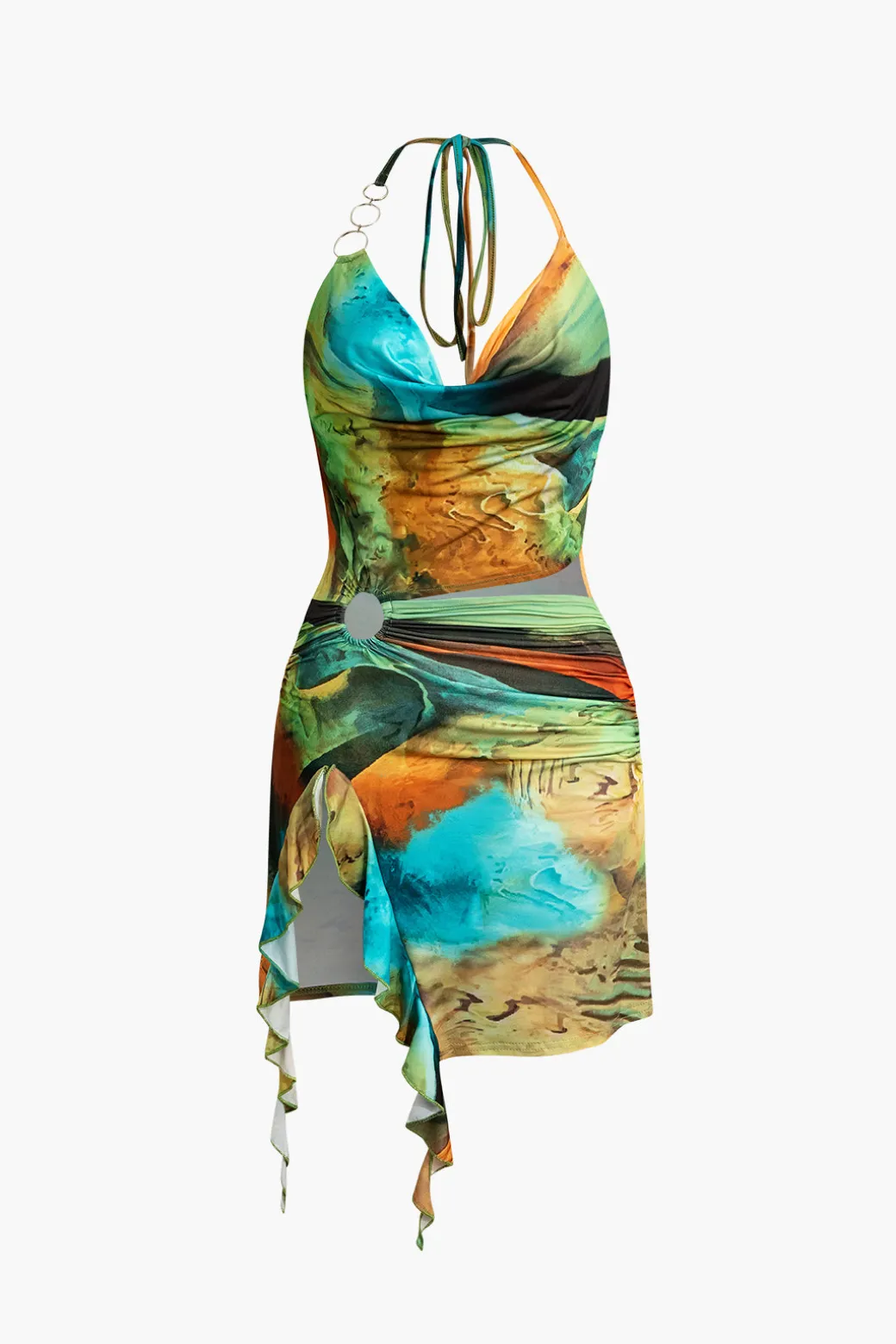 Abstract Print Halter Cowl Neck Slit Mini Dress