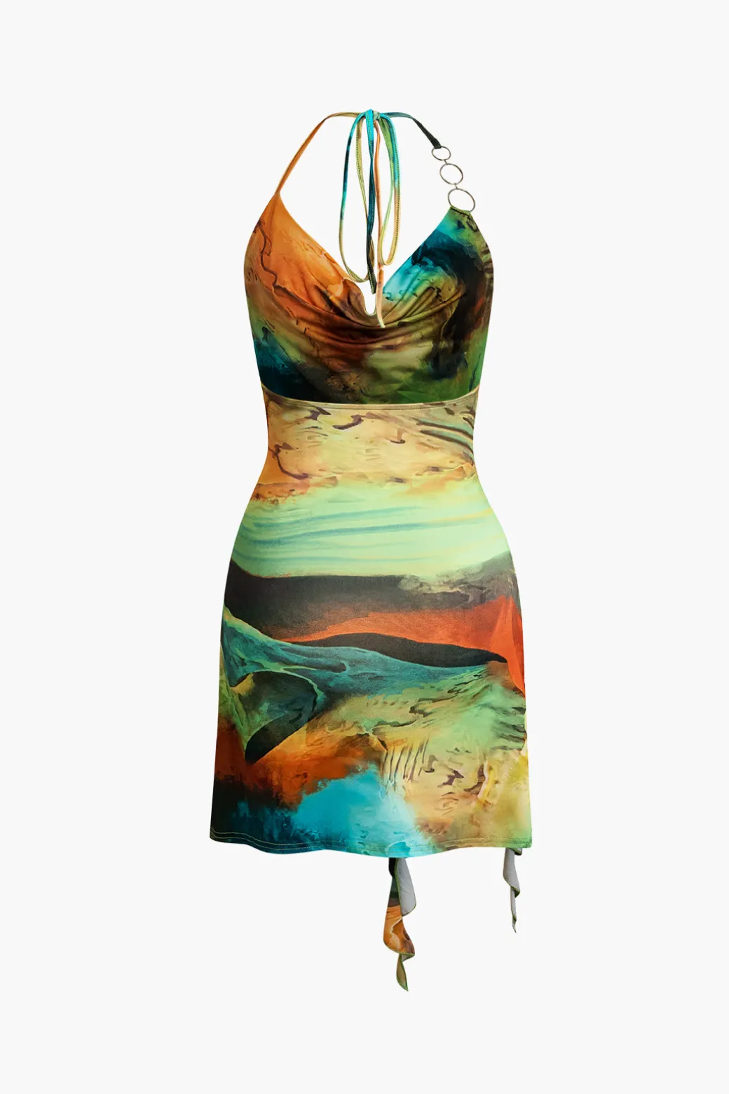 Abstract Print Halter Cowl Neck Slit Mini Dress