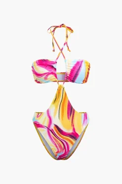 Abstract Print Halter Tummy Control One-piece Swimsuit And Knot Mini Sarong Skirt Set