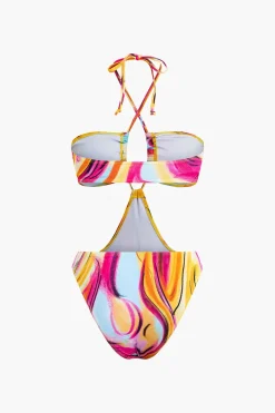 Abstract Print Halter Tummy Control One-piece Swimsuit And Knot Mini Sarong Skirt Set