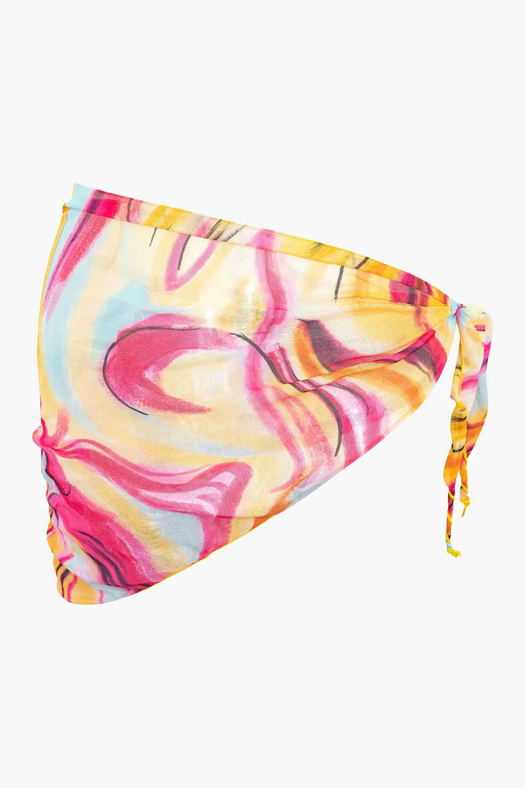 Abstract Print Halter Tummy Control One-piece Swimsuit And Knot Mini Sarong Skirt Set