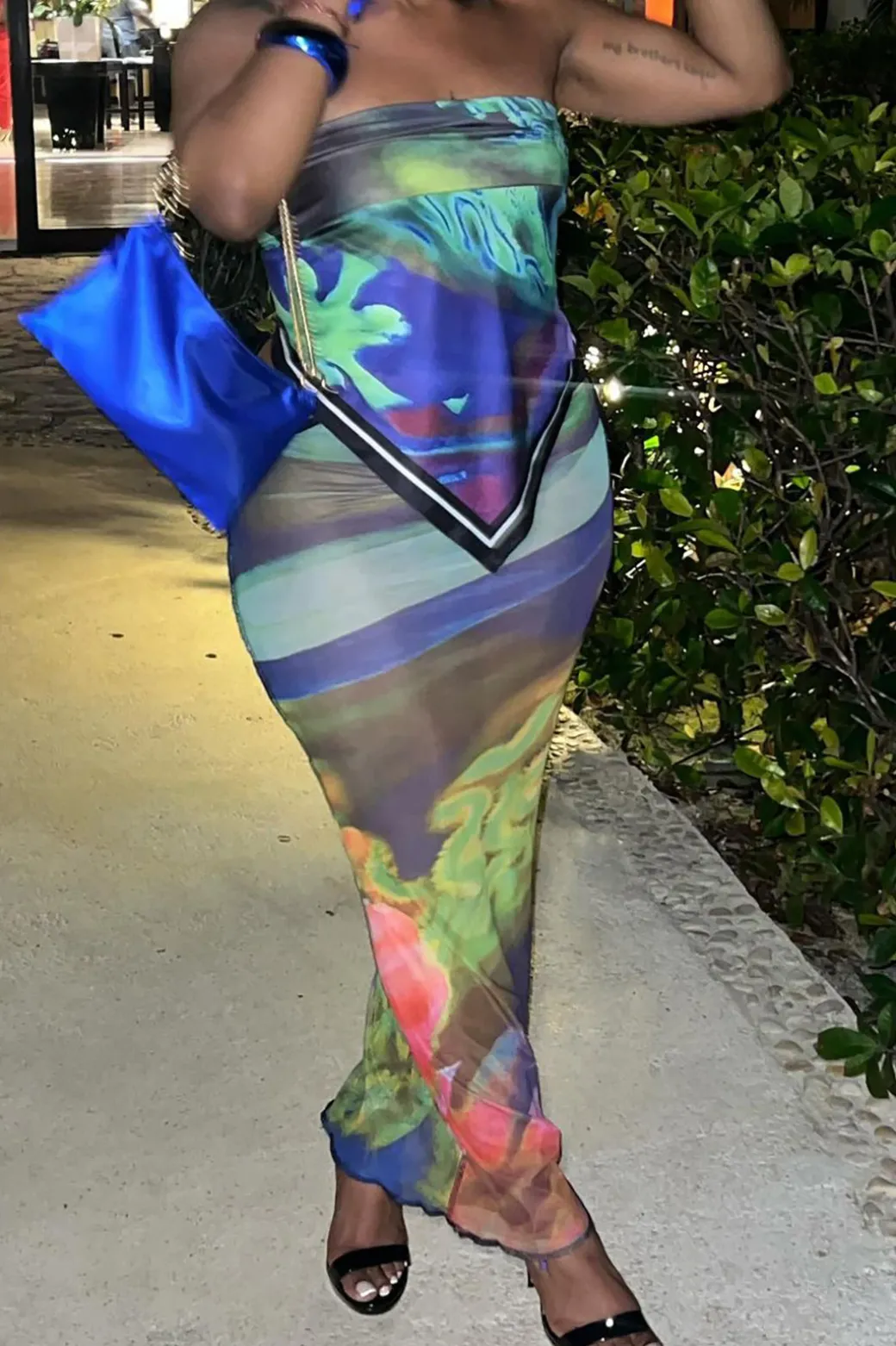 Abstract Print Knot Strapless Top And Cut Out Midi Skirt Set