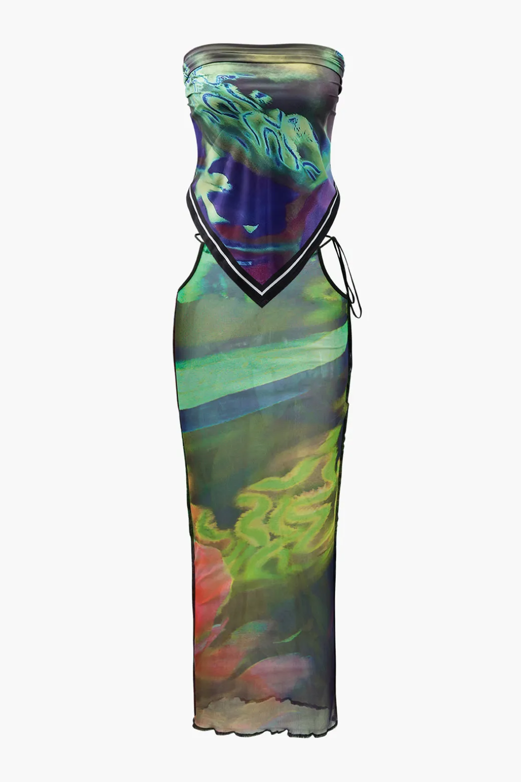 Abstract Print Knot Strapless Top And Cut Out Midi Skirt Set