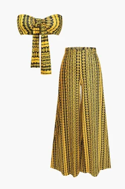 Abstract Print Knot Tube Top And Wide Leg Trouser Set
