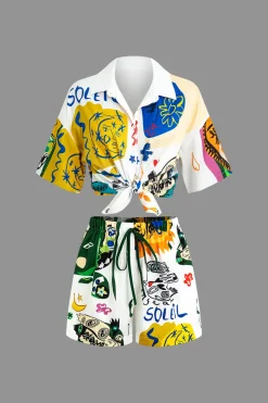 Abstract Print Knot-Front Shirt And Drawstring Shorts Set