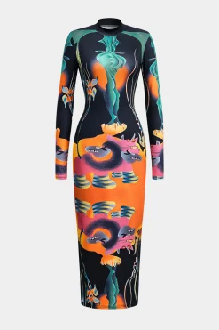 Abstract Print Long Sleeve Bodycon Midi Dress