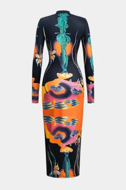 Abstract Print Long Sleeve Bodycon Midi Dress