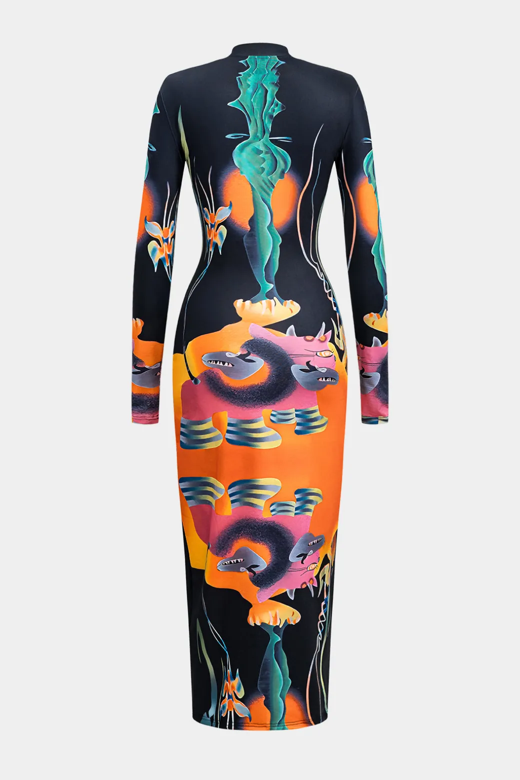 Abstract Print Long Sleeve Bodycon Midi Dress
