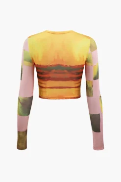Abstract Print Long Sleeve Crop Top