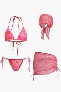 Abstract Print Mesh Four-Piece Swimsuit Set
