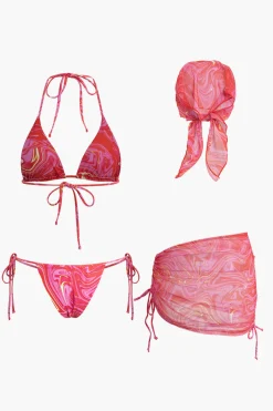 Abstract Print Mesh Four-Piece Swimsuit Set