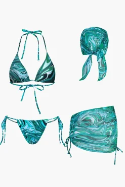 Abstract Print Mesh Four-Piece Swimsuit Set