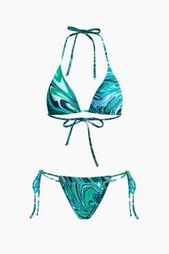 Abstract Print Mesh Four-Piece Swimsuit Set