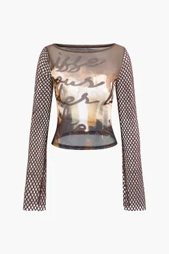 Abstract Print Mesh Long Sleeve Top