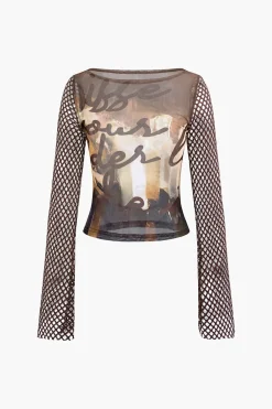 Abstract Print Mesh Long Sleeve Top