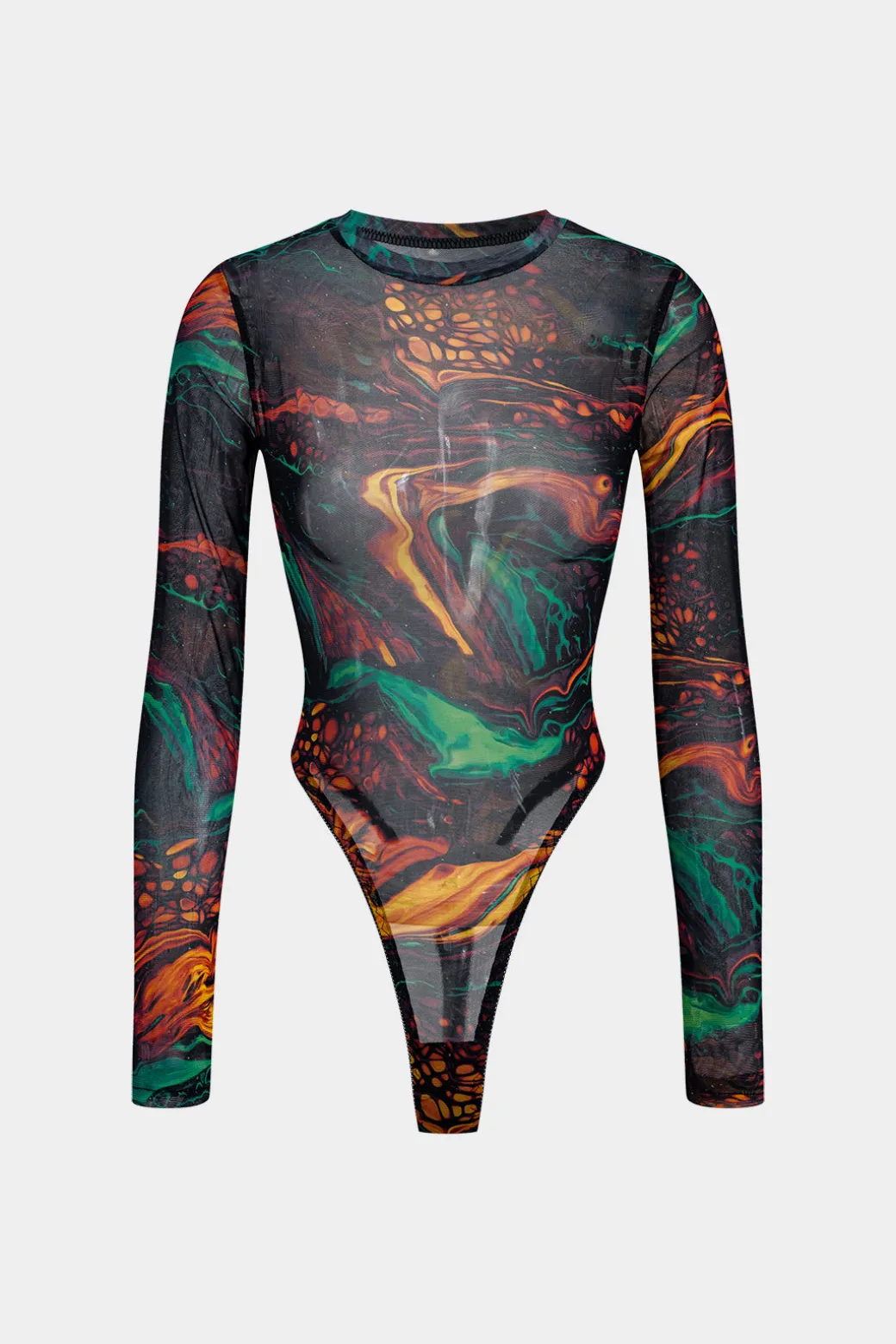 Abstract Print Mesh Long Sleeve Bodysuit