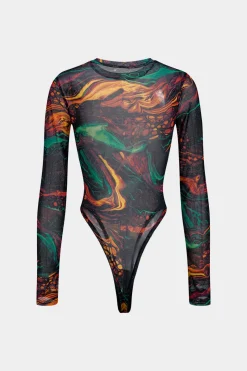 Abstract Print Mesh Long Sleeve Bodysuit