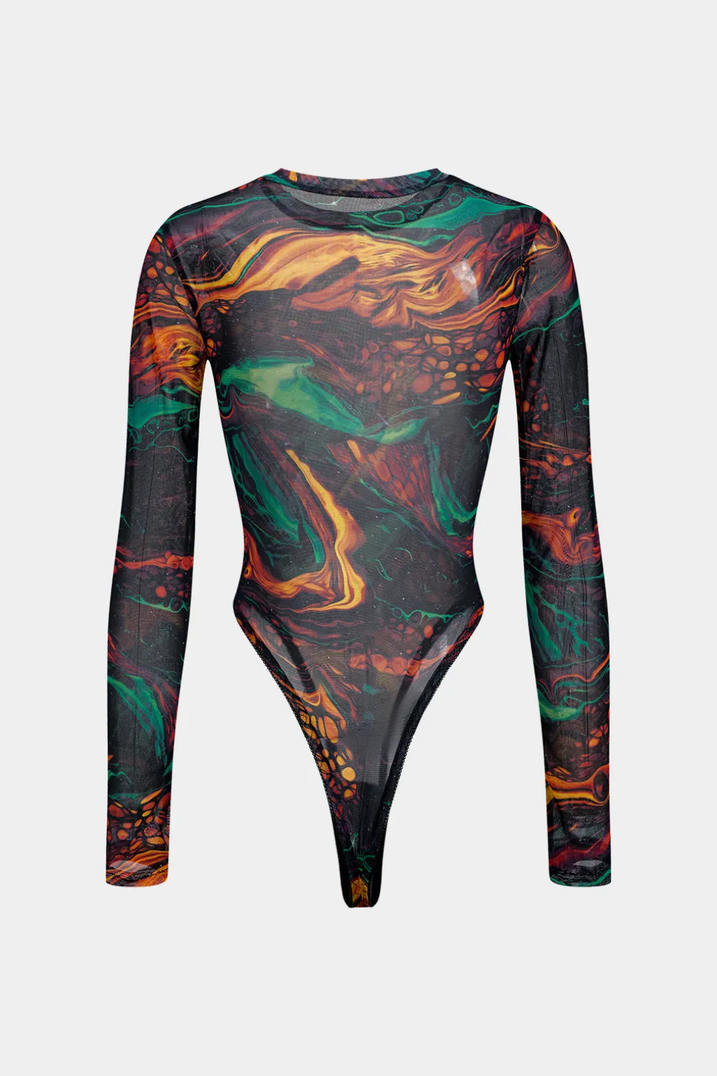 Abstract Print Mesh Long Sleeve Bodysuit