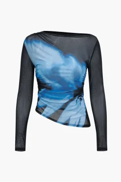 Abstract Print Mesh Long-Sleeve Top