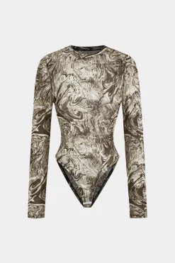 Abstract Print Mesh Round Neck Long Sleeve Bodysuit