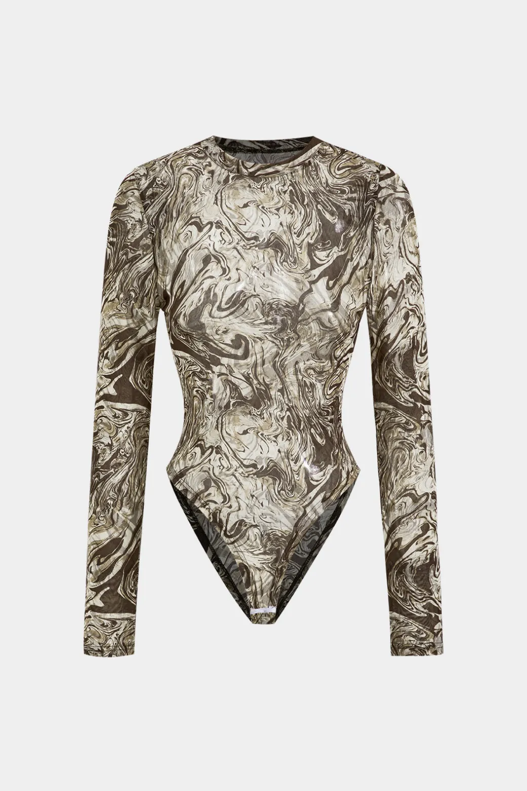 Abstract Print Mesh Round Neck Long Sleeve Bodysuit
