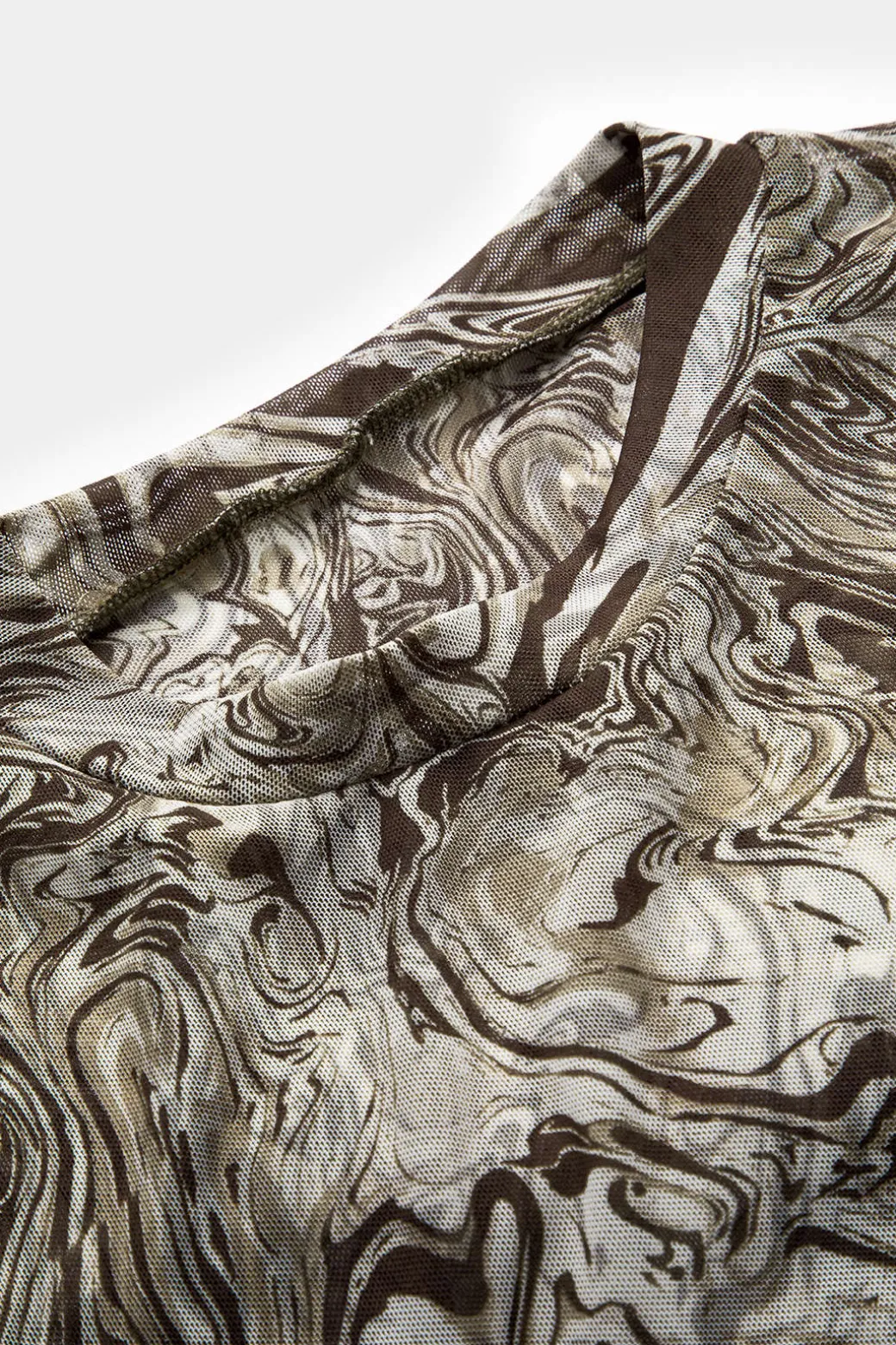 Abstract Print Mesh Round Neck Long Sleeve Bodysuit