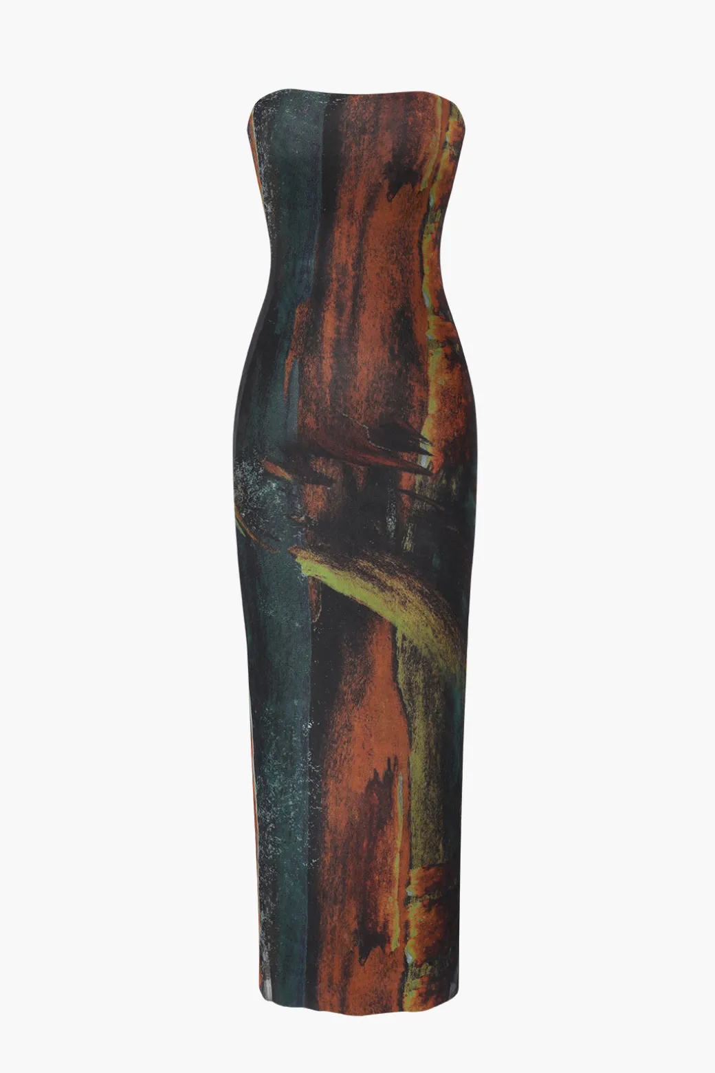 Abstract Print Mesh Strapless Midi Dress