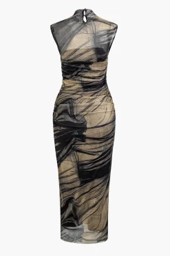 Abstract Print Mock Neck Mesh Ruched Sleeveless Maxi Dress
