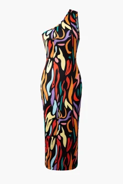Abstract Print One Shoulder Cut Out Midi Dress