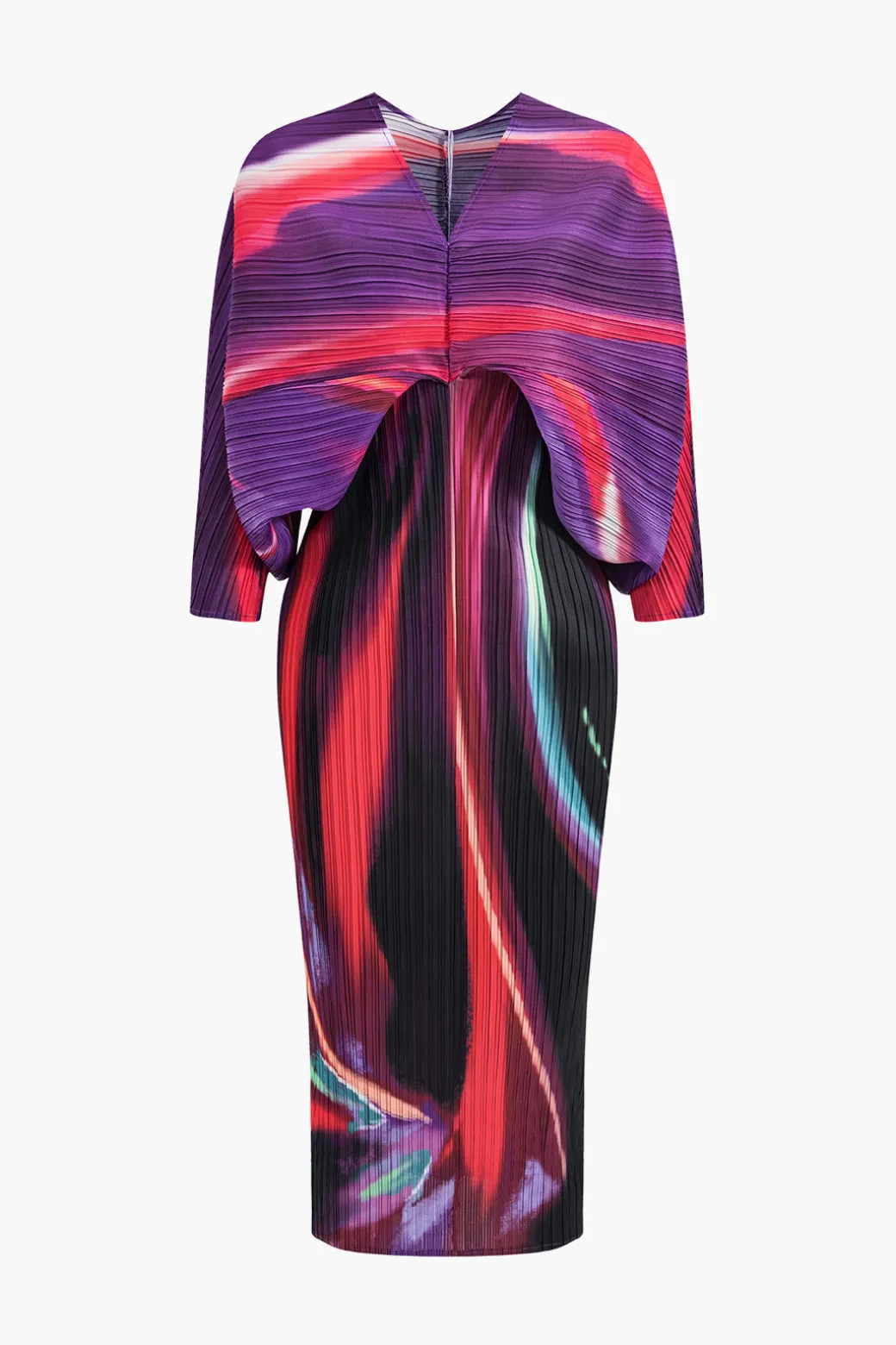 Abstract Print Pleated V-Neck Batwing Sleeve Maxi Dress